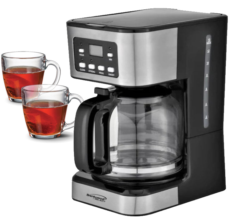 Brentwood 12 Cup Digital Coffee & Set of 2 Aspen Clear Coffee Mugs